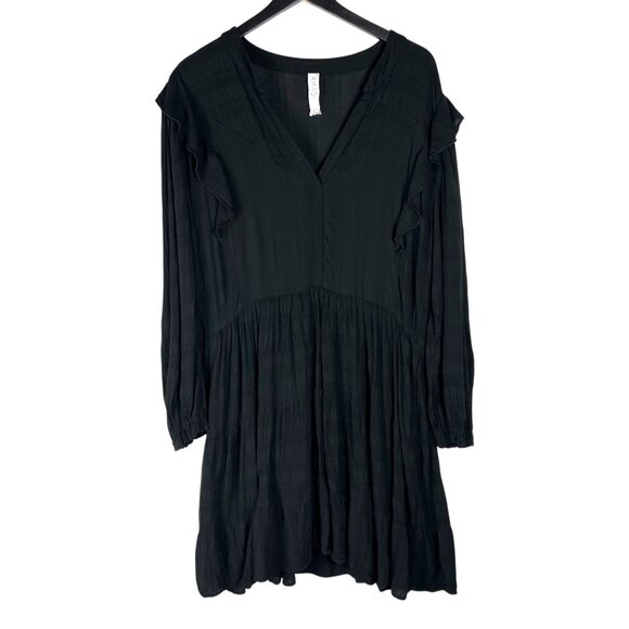Amadi Rossi Ruffled Long Sleeve V-Neck Tunic Dress Black Size Petite L CD-6770 - Picture 1 of 11